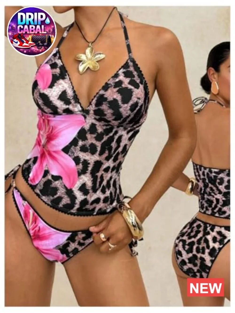 Women's 2 Piece Leopard Floral Tankini Set Halter Tie Side String Bathing Suits